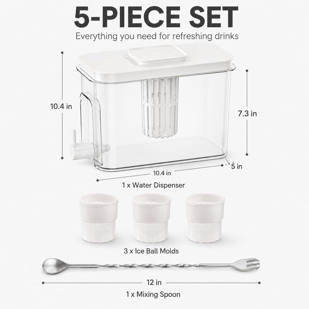 1.1 Gallon Beverage Dispenser with Spigot - BPA-Free Water Jug for Refrigerator, Includes 3 Ice Ball Molds & Bar Spoon - Leak-Proof Drink Container for Party, Iced Tea - White 5-Piece Set
