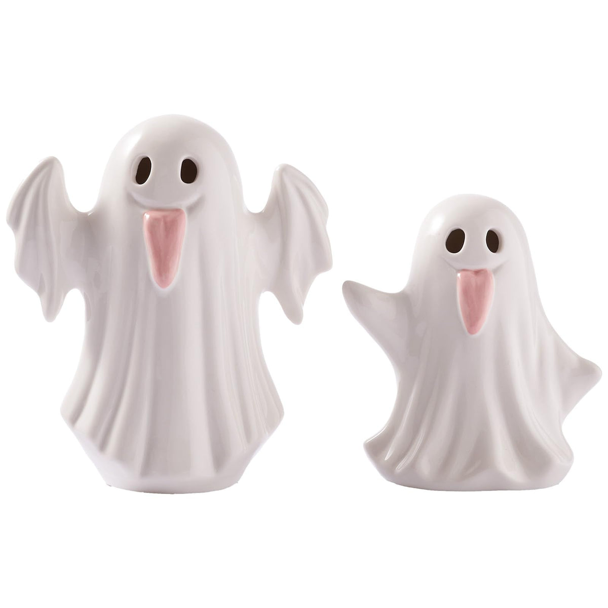 WDS WONDROUS Halloween Decor Light Up Ceramic Ghost Figurines – White Ghost with Pink Tongue Set of 2 – Fall Halloween Indoor Decorations for Home Table Office Desk Decor, Cute Ghost Statues