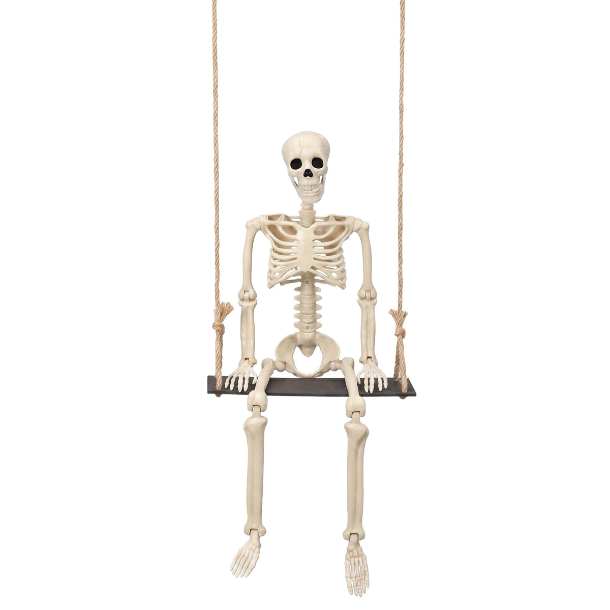 Sintuff Halloween Swinging Skeleton on Swing, Outdoor Swinging Ghost Decor, 35.4" Hanging Skeleton with 13.8" Wooden Seat for Yard, Porch, Tree, Spooky Halloween Decorations