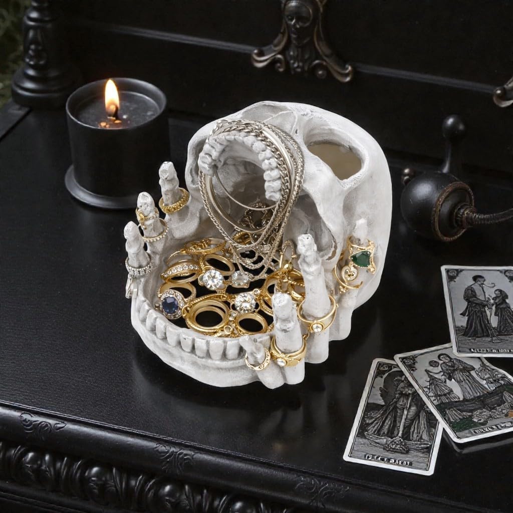 HUZHIBING Skull-Shaped Decorative Storage Holder,5.5X4.5 in Gothic Skull Jewelry Holder,for Rings, Earrings, Trinkets,Halloween Party, Entryway Key Bowl, Gothic Desk Accessories & Unique Home Decor