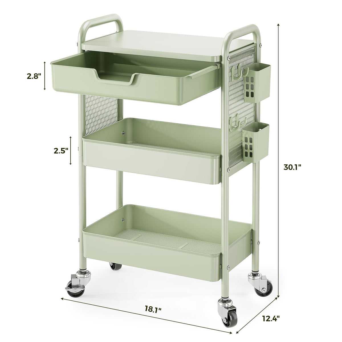 Rolling cart with Drawers - 3 Tier Metal Multifunctional Storage Organizors on Wheels with Tabletop, Hooks & Basket, Sturdy Craft & Art Cart for Bathroom, Bedroom, Children Room, Green