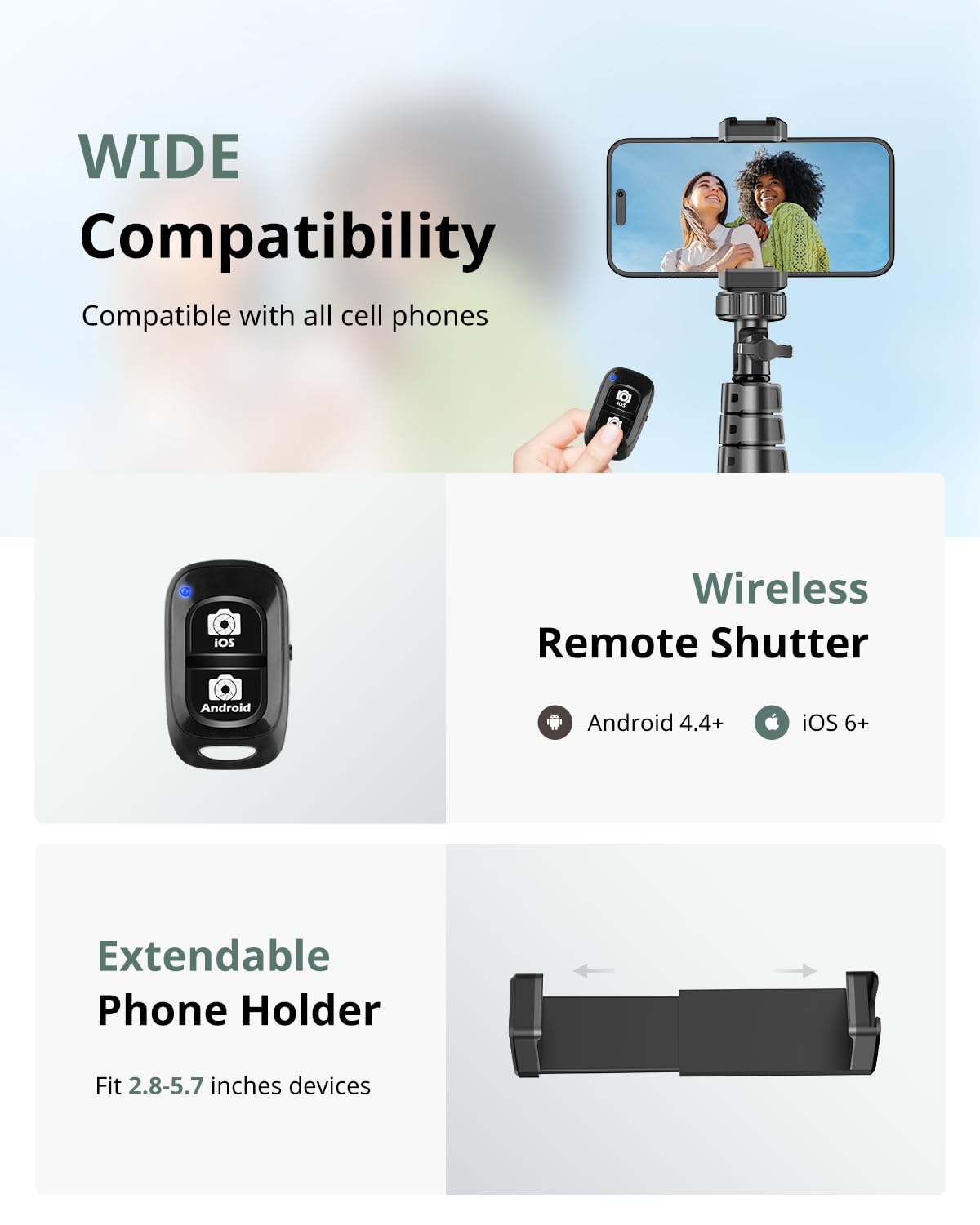 SENSYNE 62" Phone Tripod & Selfie Stick, Extendable Cell Phone Tripod Stand with Wireless Remote and Phone Holder, Compatible with iPhone Android Phone, Camera