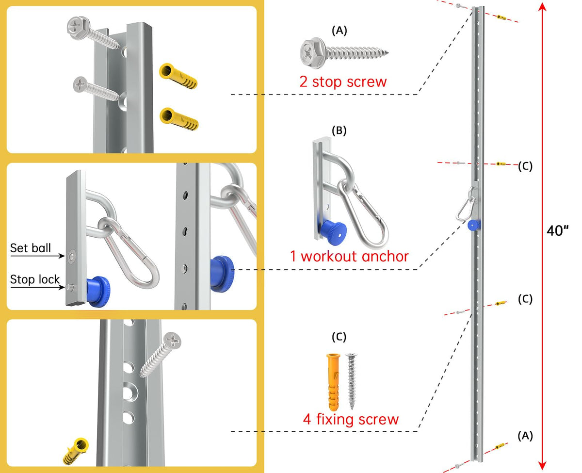 Wall Mount Anchor for Resistance Bands – Adjustable 40" Track with 35 Locking Positions, Heavy Duty Home Gym System – 400+ lbs Capacity, Hardware Included(1 Track)