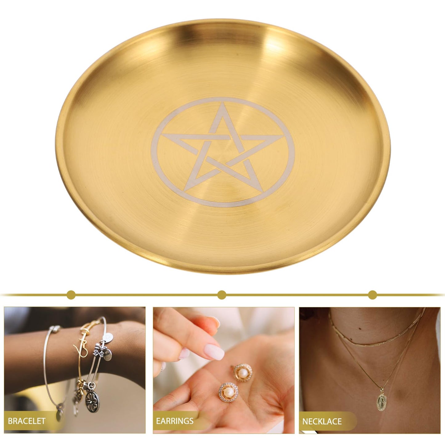 Angoily Bed Side Table Tray, Altar Plate Candle Holder, Ritual Burning Incense Offering Bowl, Decorative Tealight Tray for Witchcraft Wiccan Tarot Supplies A Witch Decor Round Metal Jewelry Tray