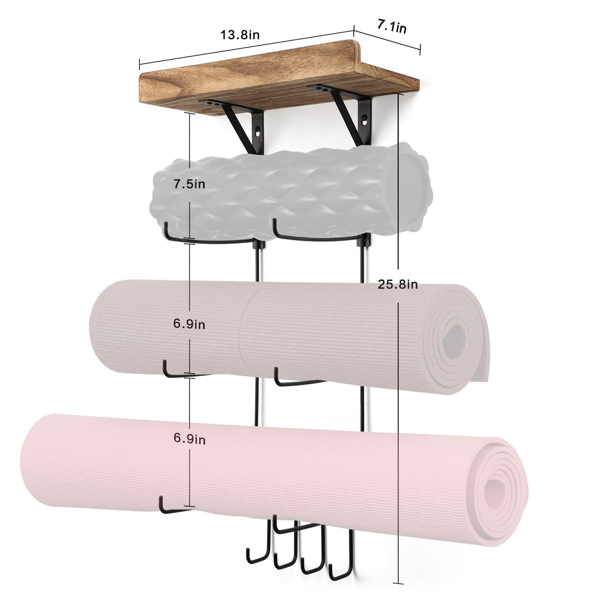 2 PACK Yoga Mat Holder Wall Mount Yoga Mat Storage Shelf Rack Home Gym Accessories with Wood Floating Shelves and 4 Hooks for Hanging Foam Roller and Resistance Bands Home Gym Carbonized Black