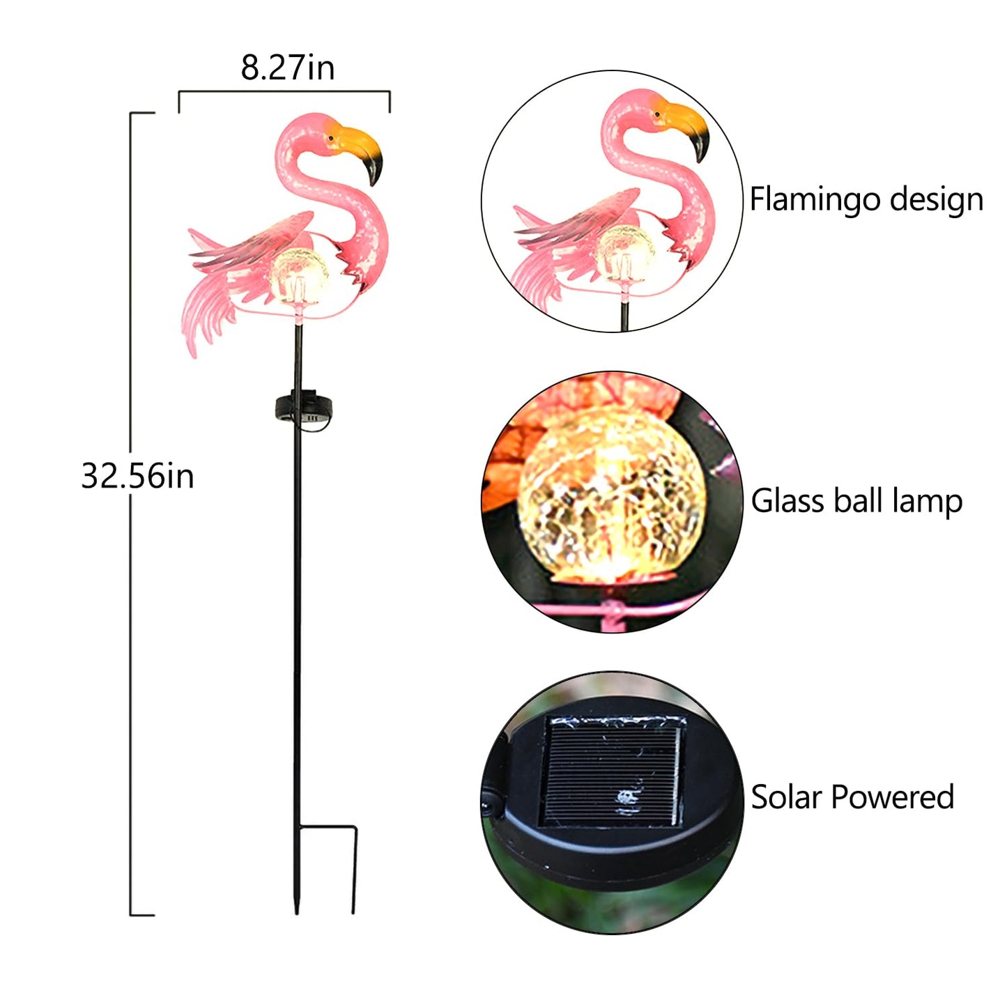 Pink Flamingo Lawn Light Garden Decor Solar Lights, for Yard Outdoor Decorations Ground Inserted Outdoor Waterproof Garden Lamp with Crackle Glass Ball LED (Warm White)