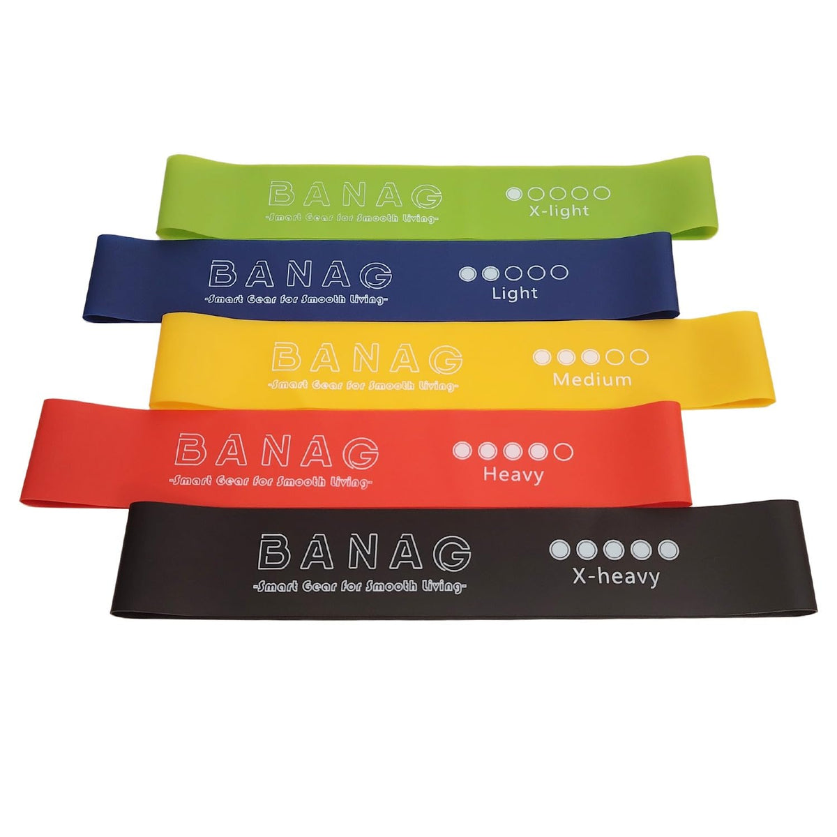 BANAG Resistance Bands Set of 5 β Exercise Bands for Home Workouts, Strength Training & Physical Therapy β Ideal Indoor Fitness Gear for Winter Season β Natural Latex with Carry Bag