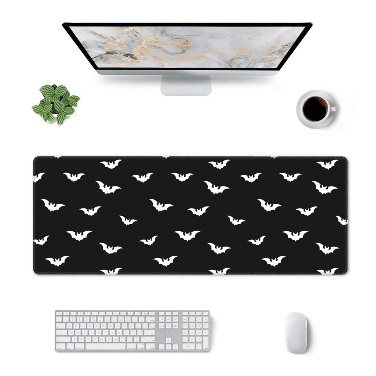 Extended Gaming Mouse Pad with Stitched Edges, Black White Halloween Bats Large Desk pad Long XL Keyboard and Mouse Pad Desk Mat for Gaming Office & Home, 31.5x11.8 in
