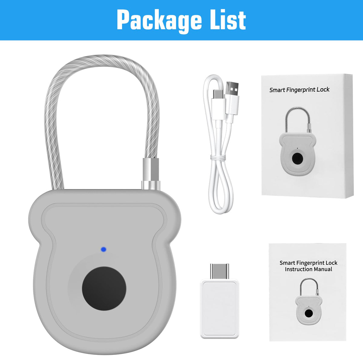 Larimuer Smart Fingerprint Padlock for Luggage - 20 User Capacity, USB Key & Emergency Code, Keyless Biometric Lock for Gym Locker, Suitcase, Backpack, Toolbox & Handbag (Grey)