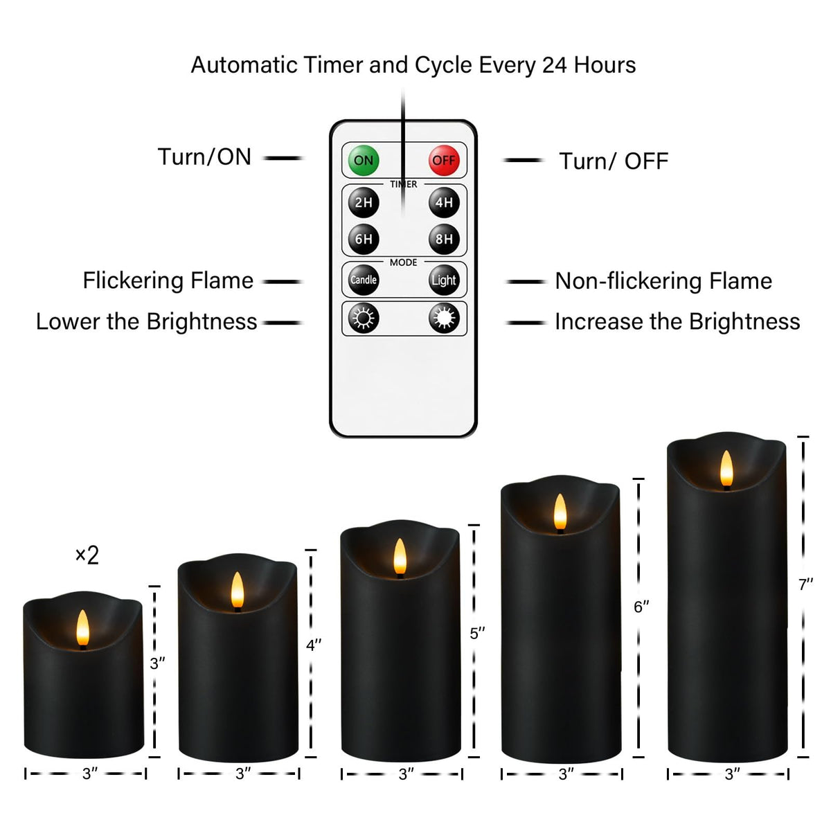 Fo32won Flameless Flickering Candles with Remote Timer, Set of 6 Led Black Battery Operated Candles for Home Decor Xmas Halloween (D3 x H3 3" 4" 5" 6" 7")