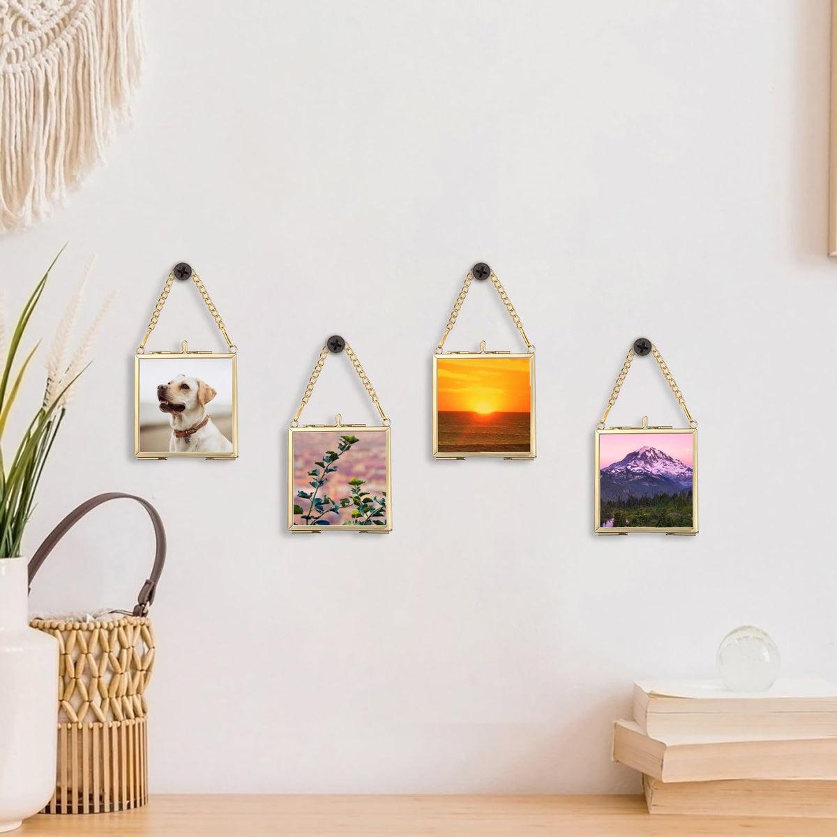 JUXYES 4 Pack Wall Hanging Mini Brass Frames for Pressed Flowers Art, Square Glass Hanging Dried Flowerss Artwork Display Frame, Double Glass Floating Style Gallery Wall Frame for Picture, Pressed Flower, etc