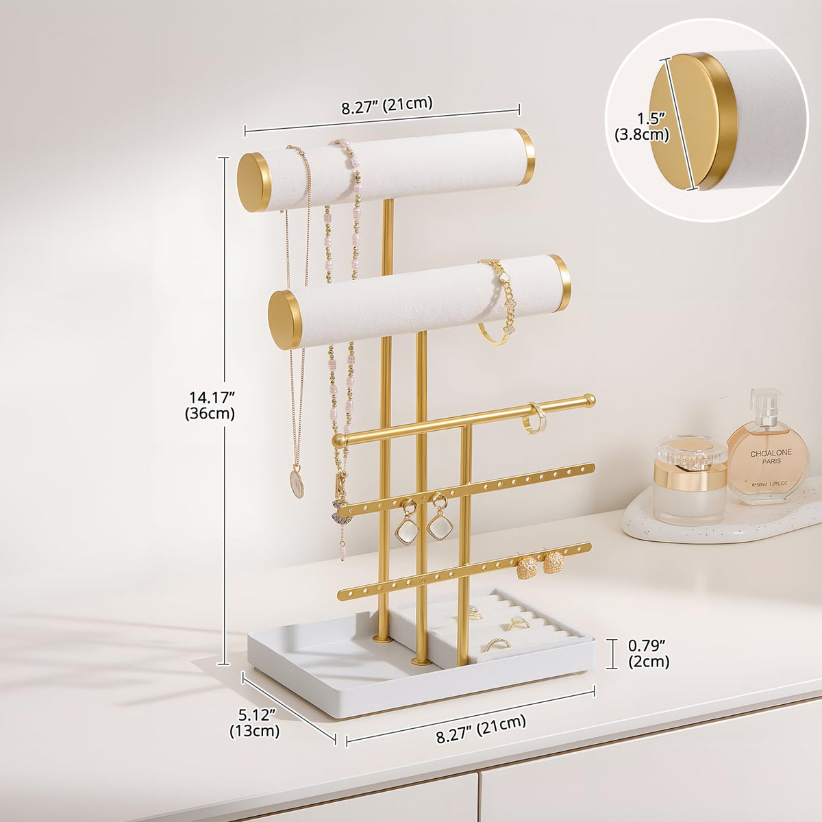Lolalet Bracelet Display Stand Necklaces Holder, 5 Tiers Jewelry Organizer and Storage Rack with Velvet Slot and Metal Base, for Women Bangles Watches Ring Earrings -White