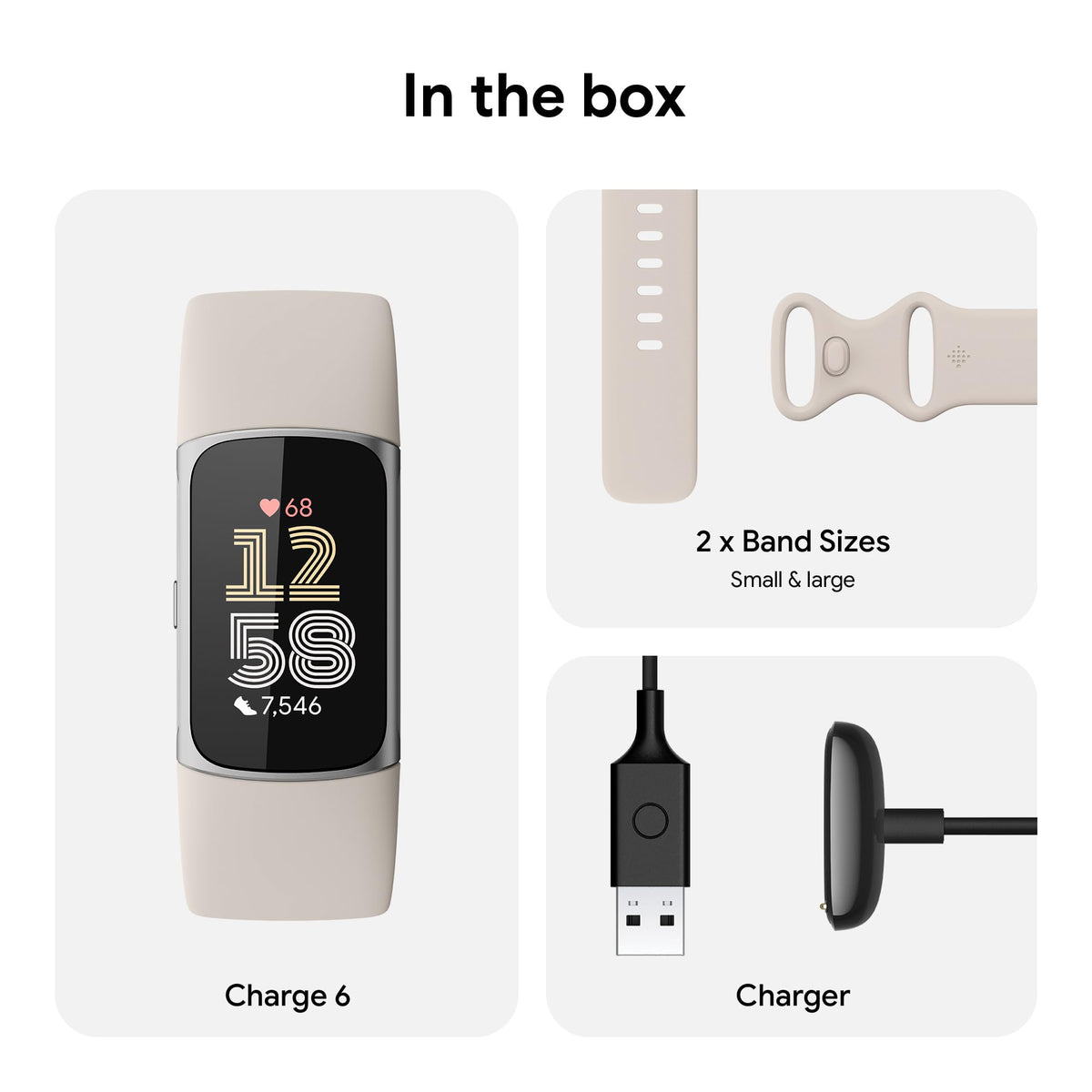 Fitbit Charge 6 Fitness Tracker with Google Apps - Heart Rate on Exercise Equipment - 3-Month Google Health Premium Membership Included - Health Tools - Porcelain/Silver - Small&Large Bands Included