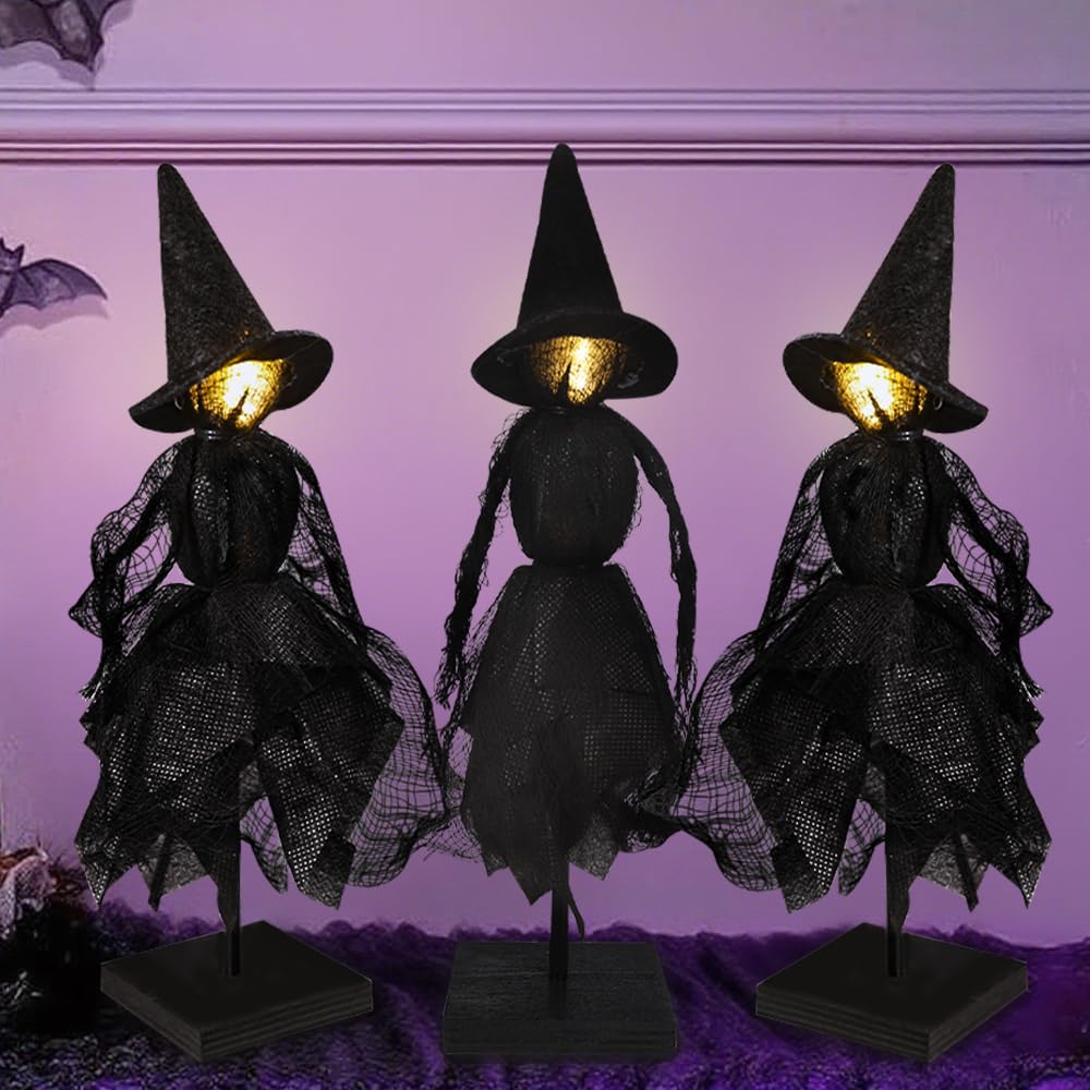 DIYDEC Witch Decorations Indoor 3pcs Primitive Halloween Witch on Wooden Stand with LED Halloween Table Centerpieces Signs for Home Shelf Mantels Kitchen Indoor Decorations Gifts