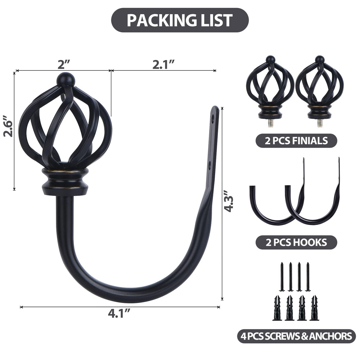 KAMANINA Decorative Curtain Drapery Holdbacks for Wall, Black Curtain Tiebacks Holders with Screws Wall Mounted for Drapes Window Home Decoration, Twisted Cage Finials, 1 Pair/2 Pack, Small