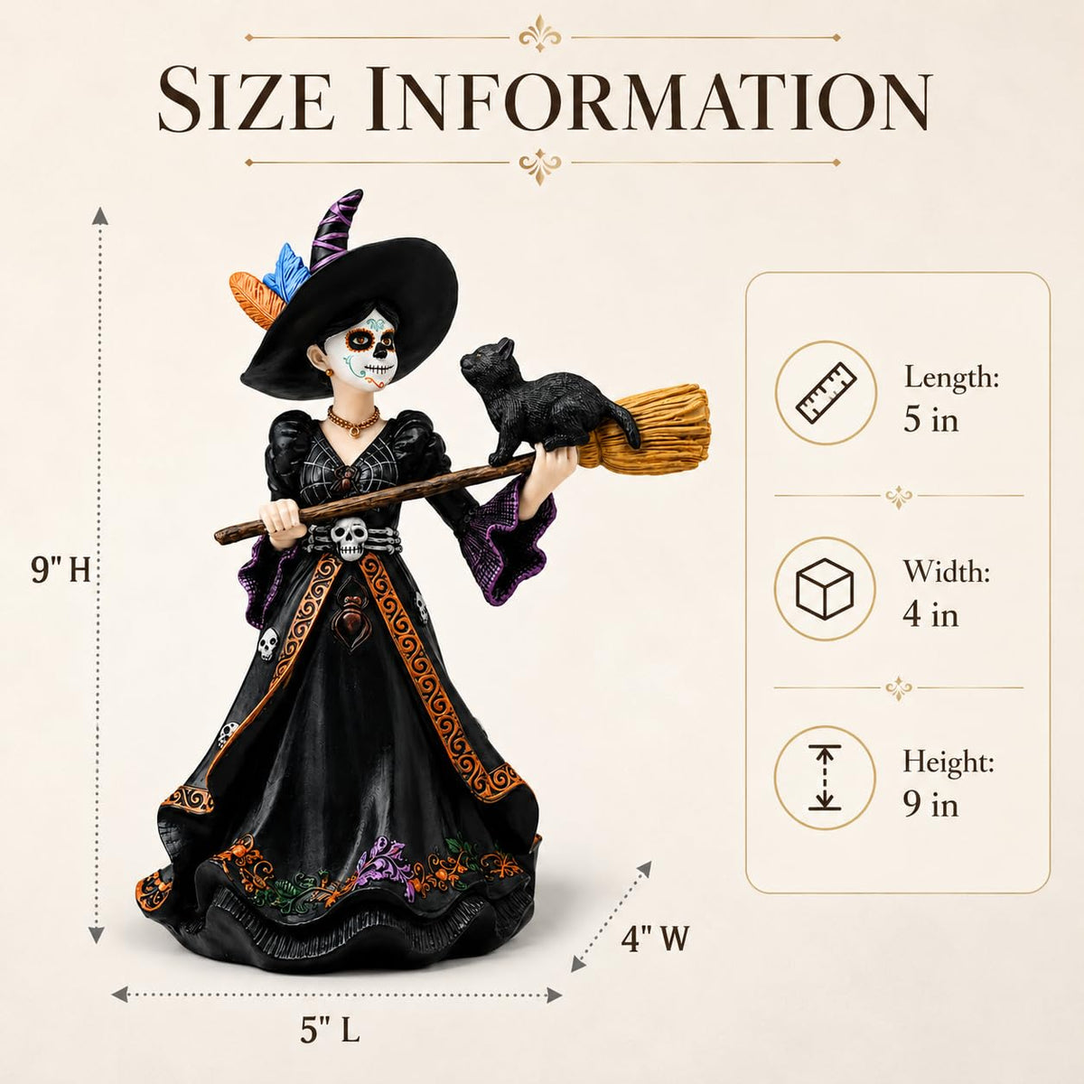 Comfy Hour 9" Dark Fairy Witch Figurine on Broom, Gothic Sorceress with Black Cat Statue, Mystical Fantasy Home Office Desktop Decor, Artisan Crafted Resin Sculpture, 1 Unit