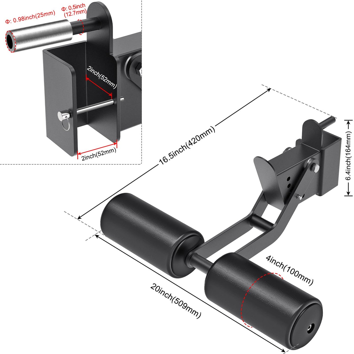 Lifeswell Nordic Hamstring Curl Attachment for 2"x2" Power Rack with 1" or 1/2" Hole, 6 Height Adjustable Leg Hold Down with Leather Surface for Home Gyms
