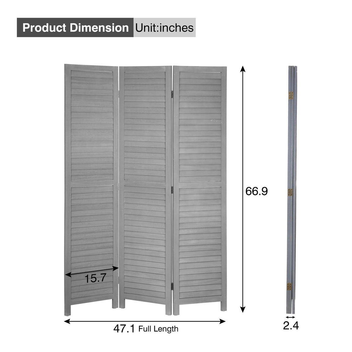 3 Panel Wood Room Divider 5.7 Ft Tall Privacy Wall Divider 67.7" x 16.9" Each Panel Folding Wood Screen for Home Office Bedroom Restaurant (Gray)