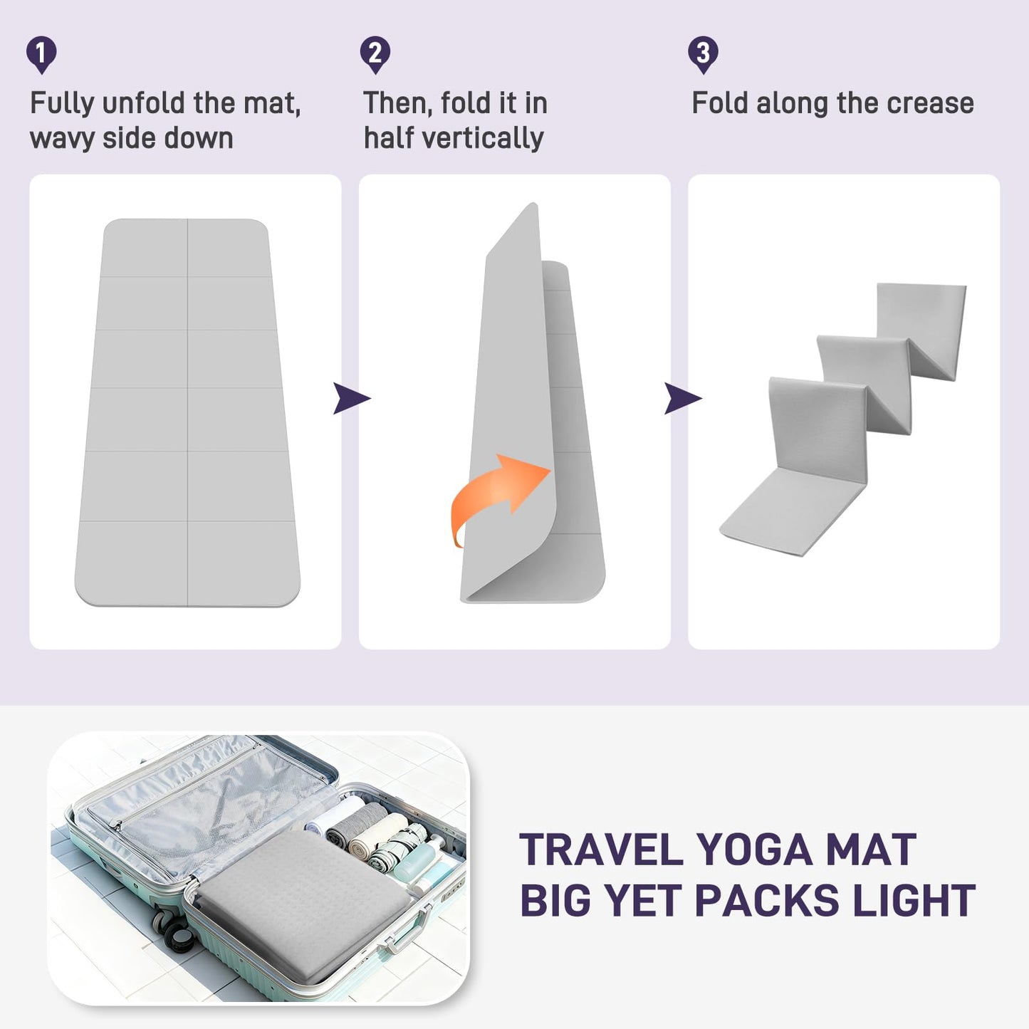Kanonmaori Foldable Yoga Mat for Travel 72"x 32"x 0.32"Inch, 8mm Thick Folding Exercise Mat, Outdoor Non-slip Pilates Mat for Women & Men, Wide Yoga Mat Packable for Workout and Fitness(grey)