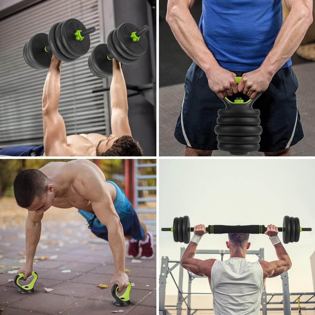 Adjustable Dumbbell Set, 44Lbs Free Weight Set with Connector, 4 In1 Dumbbells Set Used As Barbell, Kettlebells, Push Up Stand,Green and Black,Round