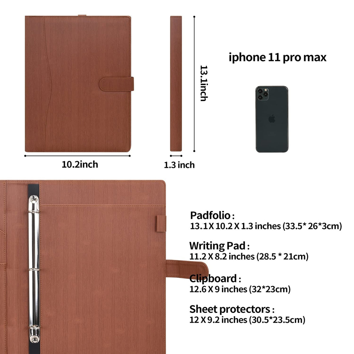 Wonderpool A4 PU Leather Portfolio Holder Ring File Document Case with Removable Binder Clipboard, Multi Pocket and Legal Pad for Business Organizer Interview and Meeting (Brown)