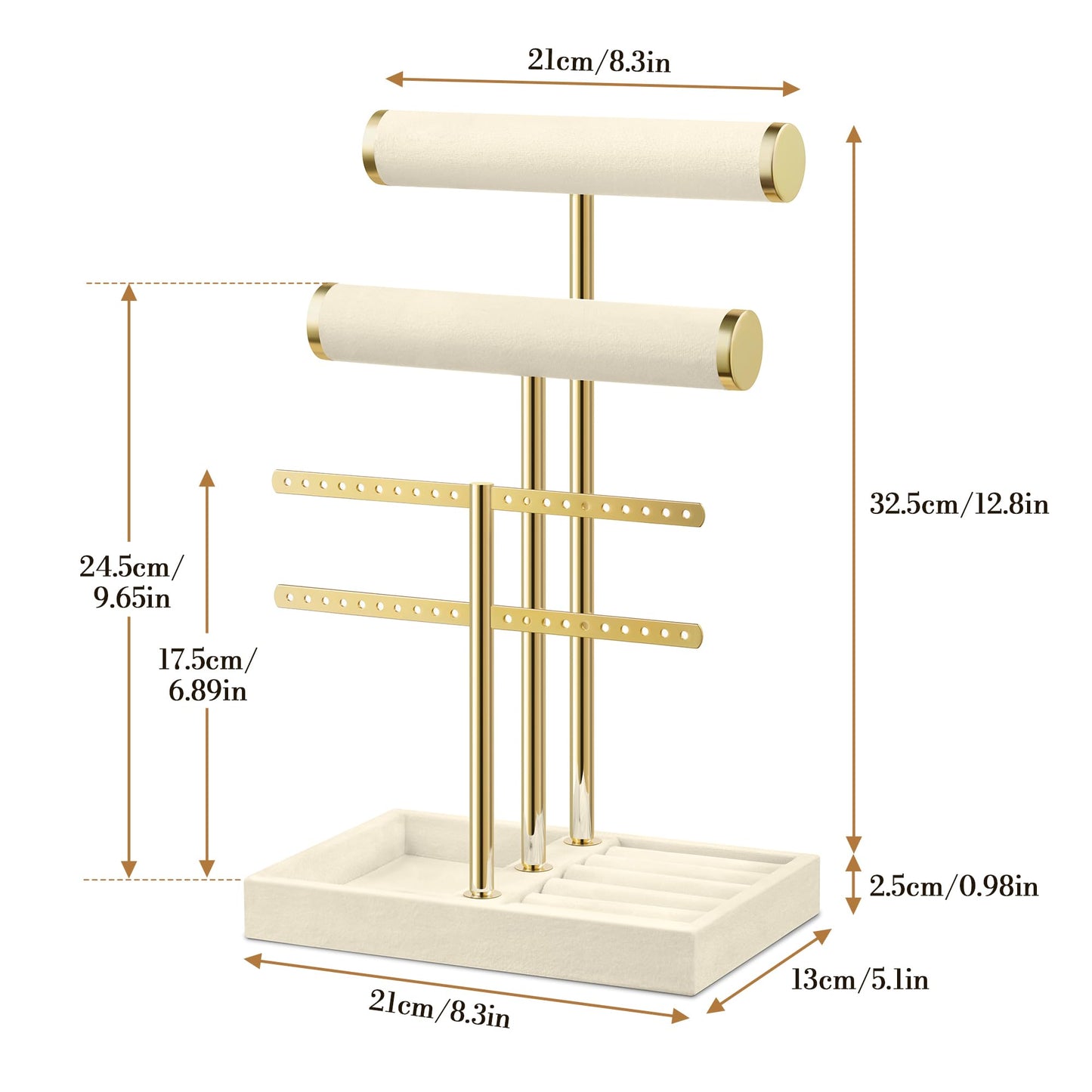 Josmimic Bracelet Holder Jewelry Organizer Display - 3 Tier T Bar Velvet Stand, Beige Jewelry Storage for Bracelet, Necklaces, Earrings, Rings, Watches