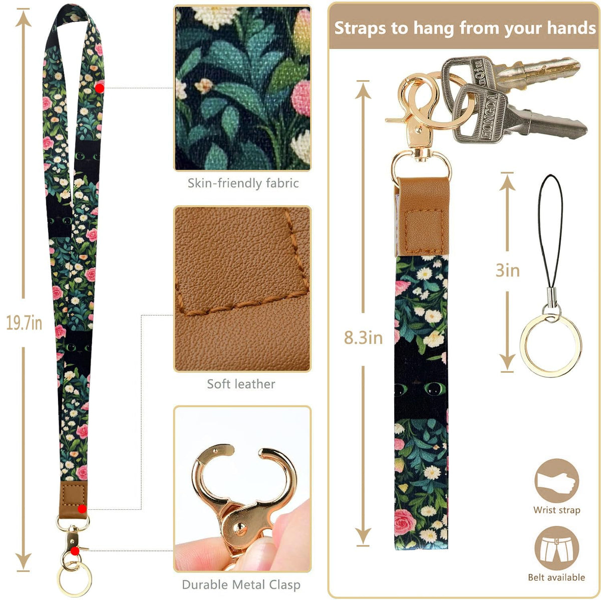 2-in-1 ID Badge Holder & Lanyard Wallet Cute Women Leather Zip ID Case Wallet with Breakaway Wrist Neck Lanyard, Clear Window, 5 Card Slots, Ring Keychain for Worker Teacher Floral Halloween Black Cat