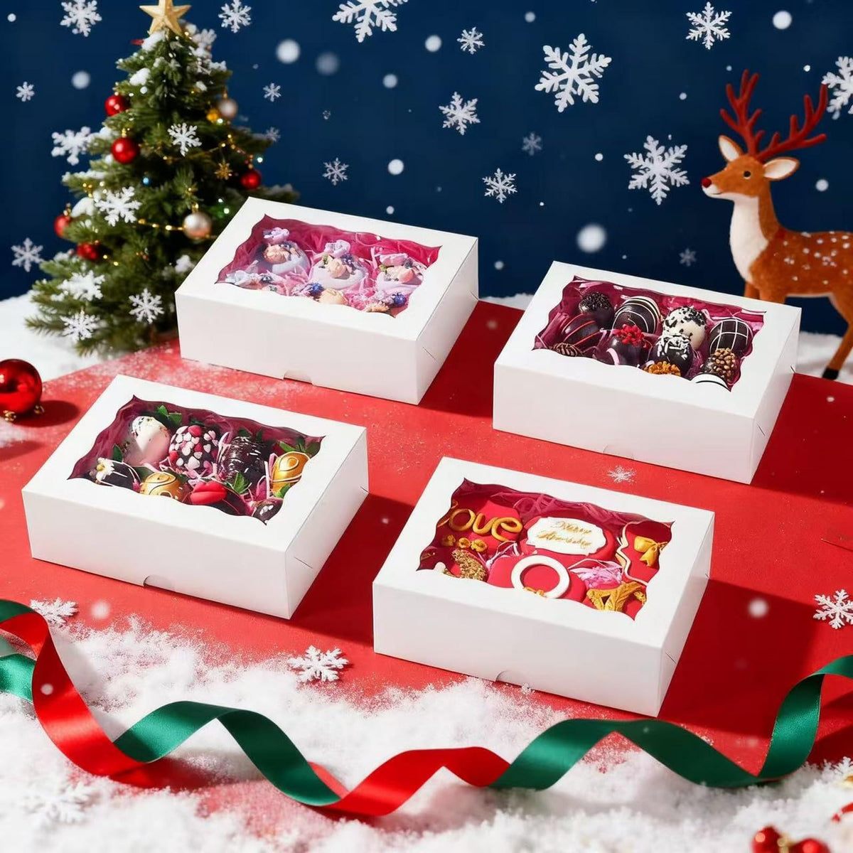 RomanticBaking 8x5x2 Inch 51PCS Bakery Boxes with Window for Cookies, Chocolate Covered Strawberries,Cakesickle, Chocolate Truffle Boxes Pretzel Box & Party Favors Packing