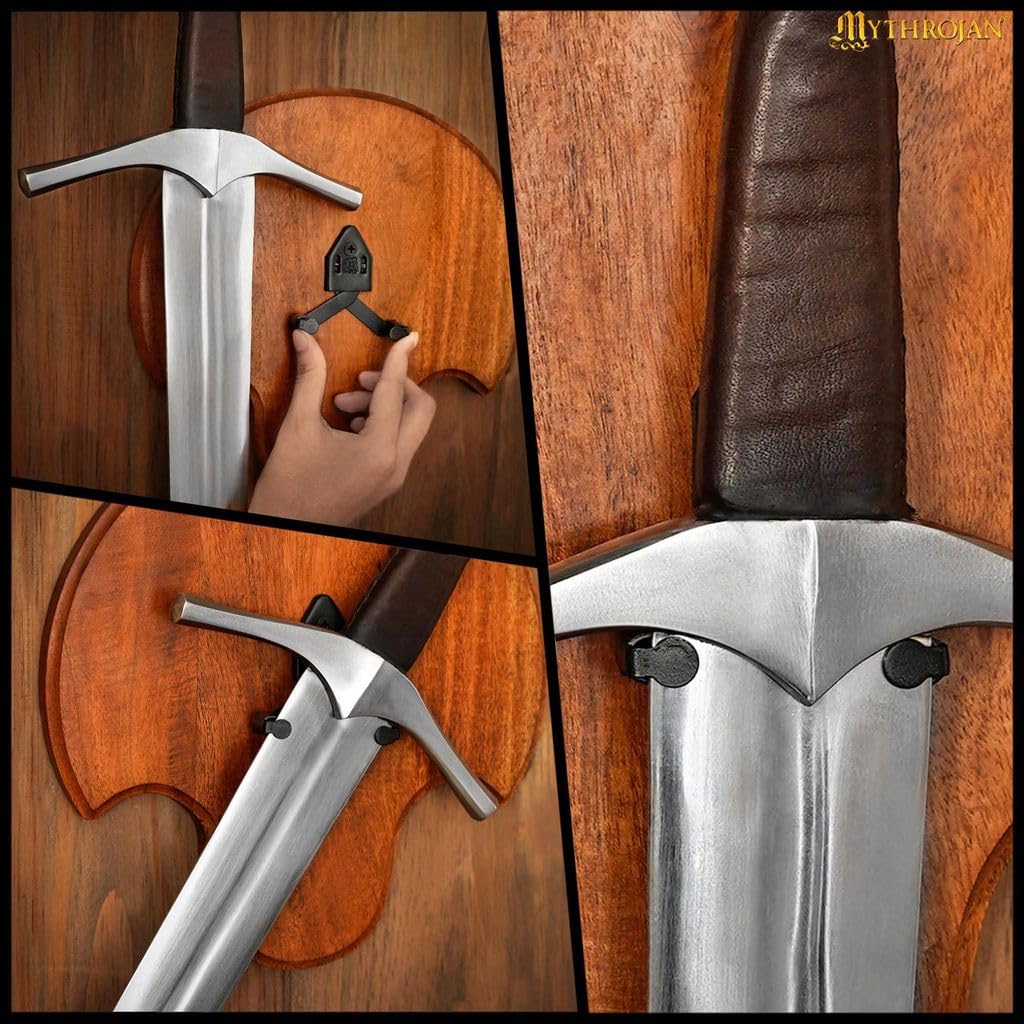Medieval Sword Wall Display Plaque with Adjustable Steel Hanger– 10 × 9 in Acacia Hardwood Wall Rack for Medieval, Fantasy & Decorative Swords