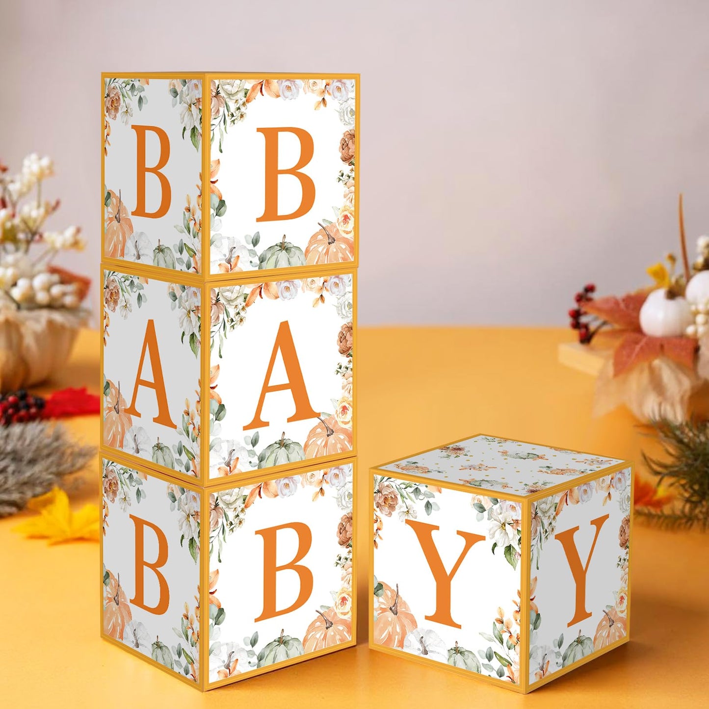 AmazingSpark 4 Pcs Little Pumpkin Baby Shower Boxes with Letters Fall Pumpkin Candy Box Decor with Letters Blocks Baby Shower Centerpiece for Party Backdrop
