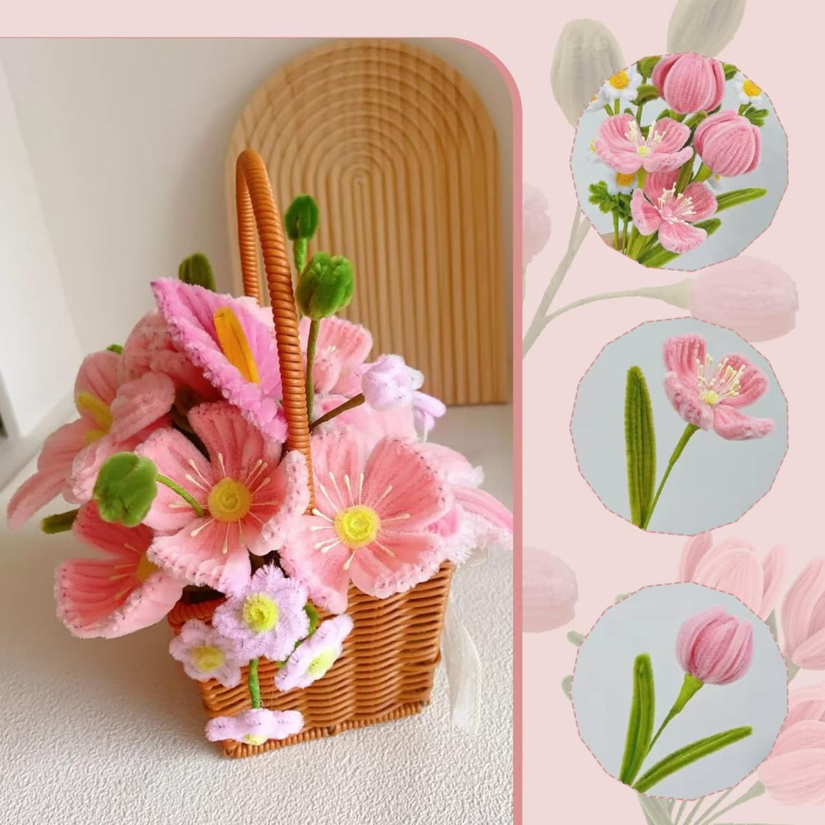 500 Pcs Pipe Cleaners Craft,Pipe Cleaner Bulk Flower Kit,6 Colors Chenille Stems Flower Kit for DIY Handmade Whit Ribbons,Stems,Tape,Stamens, Glue Sticks,Gift for Art Project Activity (Pink)