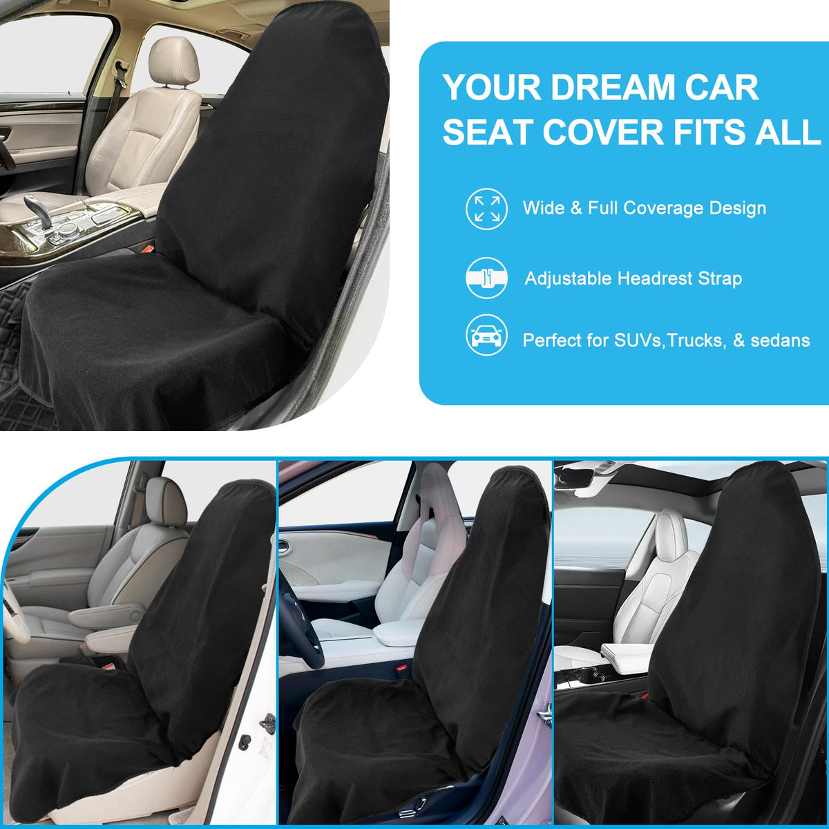 Waterproof Sweating Towel Car Seat Cover for Post Gym Workout, Running, Swimming, Beach and Hiking, Universal Fit Anti-Slip Bucket Seat Protector for Cars, SUVs and Trucks, Machine Washable (Black-1P)