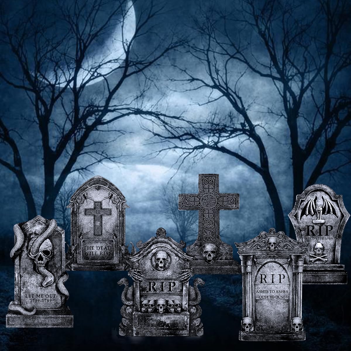 Graveyard Halloween Decorations Outdoor Tombstones: 6ct Large Tombstone Halloween Yard Signs with Stakes, 16" Realistic Scary Skeleton RIP Gravestones Lawn Cemetery Decor Outside for Kids Home Party