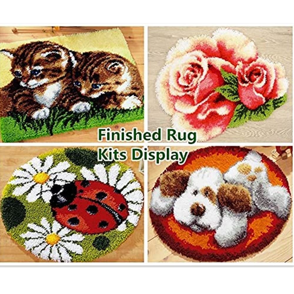 Black and White Cat Cute Latch Hook Rug Kit for Adults DIY Carpet Cushion with Printed Canvas Crochet Yarn Craft Hook and Latch Tapestry for Home Decor Pets Warm Pads 52x38cm(2)