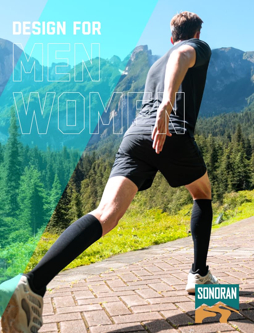 SONORAN 2 Pairs Compression Socks for Men & Women 20-30 mmHg Graduated Compression Socks Knee High Best Support for Running, Travel, Athletic L/XL(Black Blue)