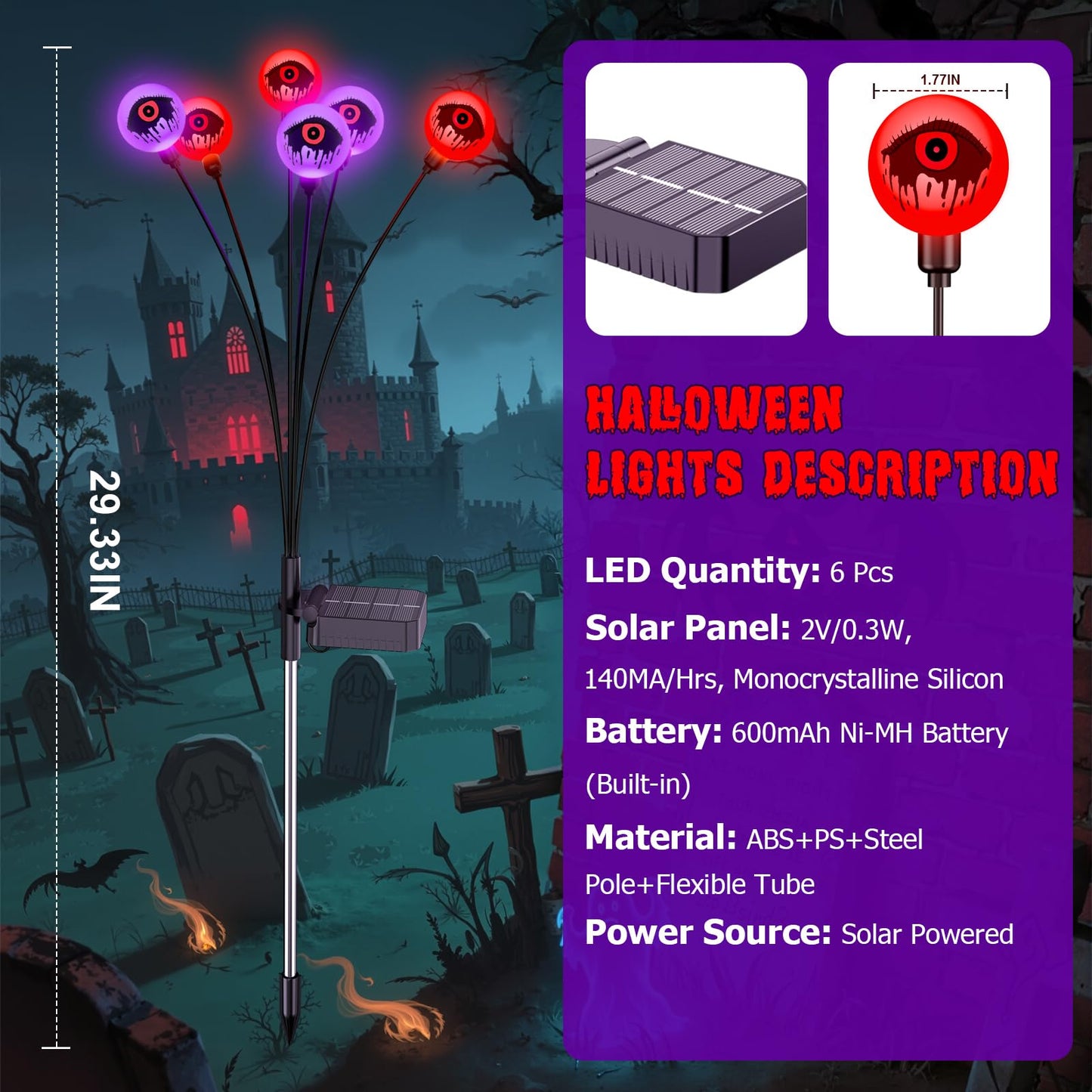 ELECLINK Halloween Decorations Outdoor Solar Lights, 6 Pack 36LEDs Scary Halloween Lights, Waterproof Swaying by Wind Spooky Solar Eyeballs Light for Yard Garden Grave Cemetery Halloween Decor