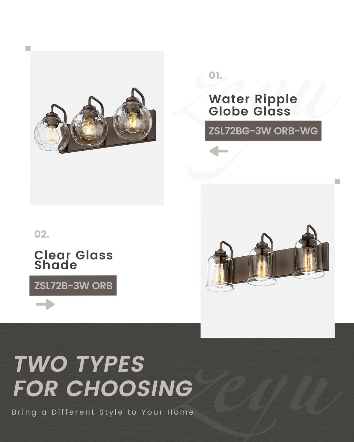 zeyu 3-Light Bathroom Vanity Light Fixtures, Oil Rubbed Bronze, Water Ripple Globe Shade, Model ZSL72BG-3W ORB-WG