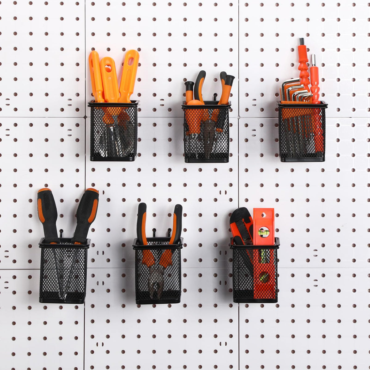 Colingmill 6 Sets Pegboard Cups with Hooks Pegboard Pencil Holder Bin Organizer Black Square Peg Board Accessories Metal Pencil Holder Cup for Home Office Workbench Craft Room Workshop Garage Tool