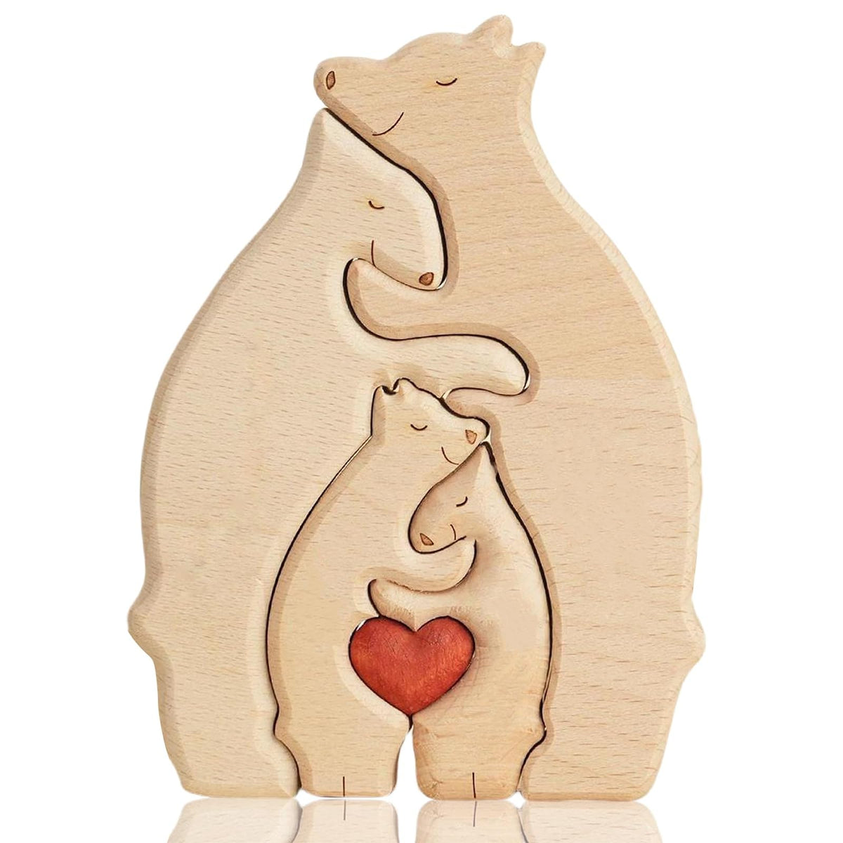 Kutiayta Beechwood Bear Family Heart Décor, Hand-Sanded Wood Sculpture with Seamless Fit, Minimalist Home Ornament for Living Room & Nursery, 4.7" × 5.9" × 0.89" (4)