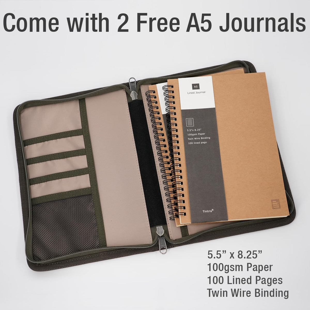 Tintris A5 YKK Zipper Journal Cover for 5.5 x 8.25 Moleskine Cahier Notebook Sketchbook, Classy Waxed Canvas Cover for A5 Planner with Pen Holder, also for 5 x 8 Legal pads, Water Resistant, Olive