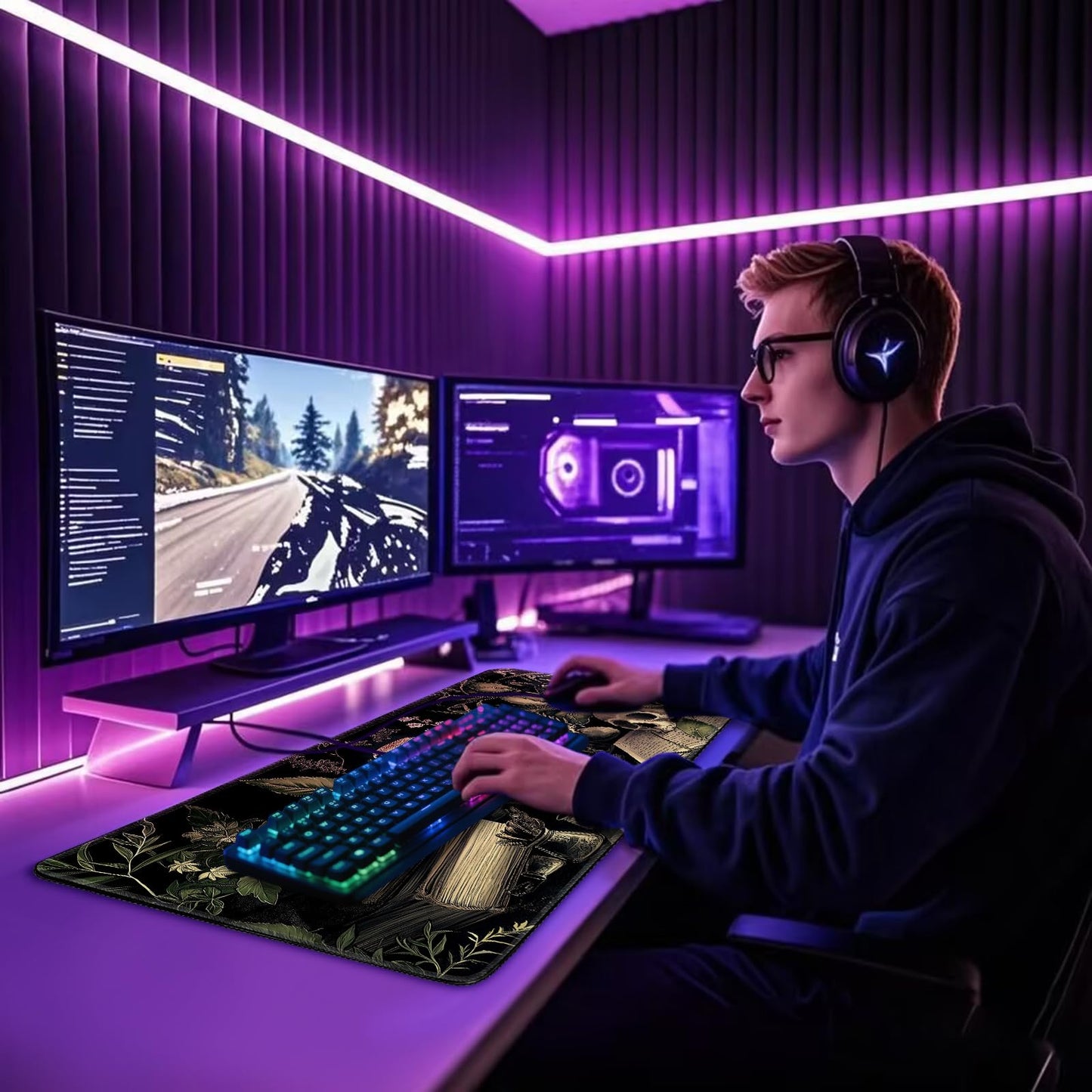 Mcapirivo Gothic Dark Botanical Large Gaming Mouse Pad 31.5"x15.7"|XXL Desk Mat, Non-Slip Rubber Base & Stitched Edges - Extended Waterproof Mousepad for PC/Laptop/Office/Home Decor