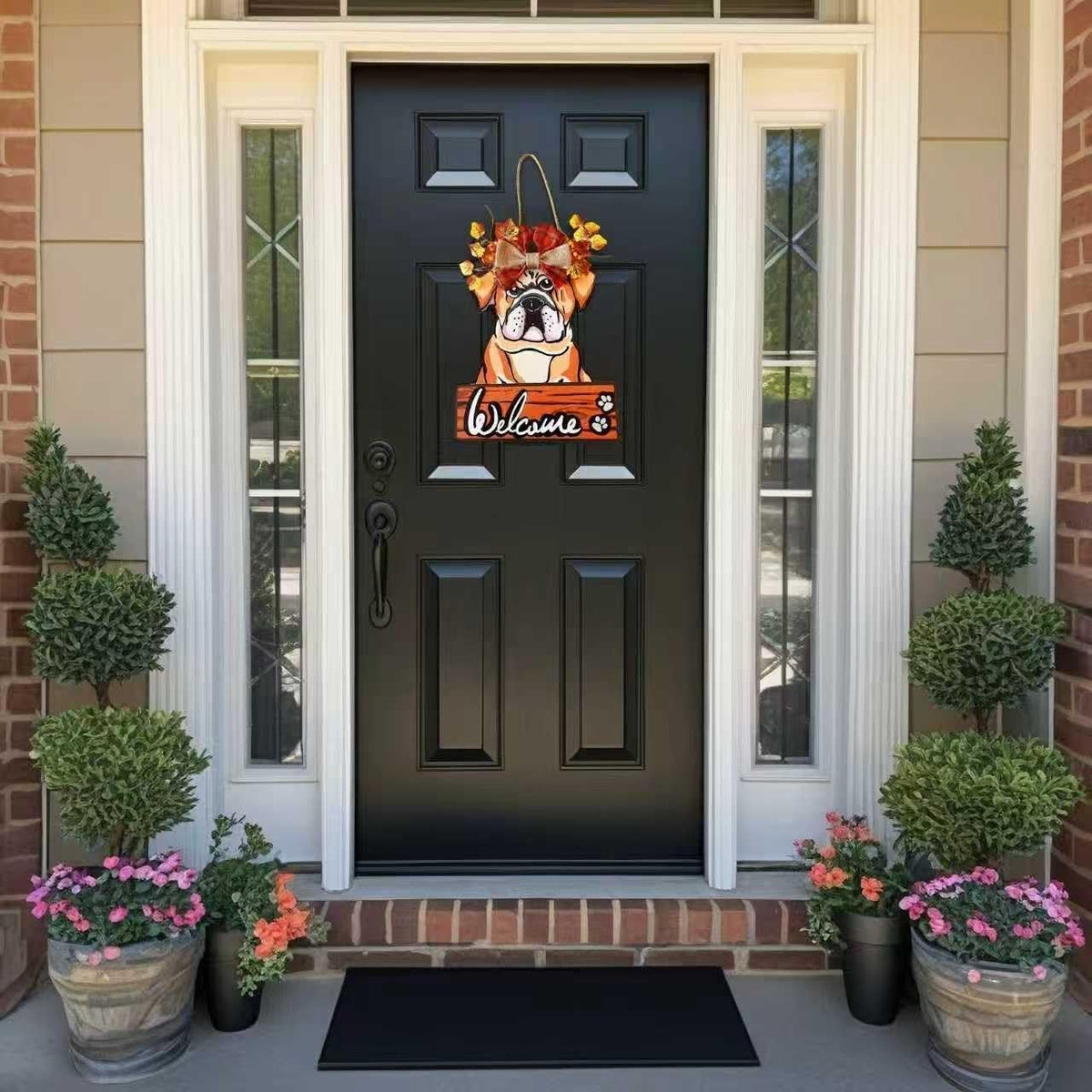 FelyHos Interchangeable Bulldog Welcome Sign, Wooden Seasonal Door Hanger with 12 Interchangeable Decorations, Cute Dog Welcome Plaque for Front Door Porch Wall, Holiday Home Decor Gift