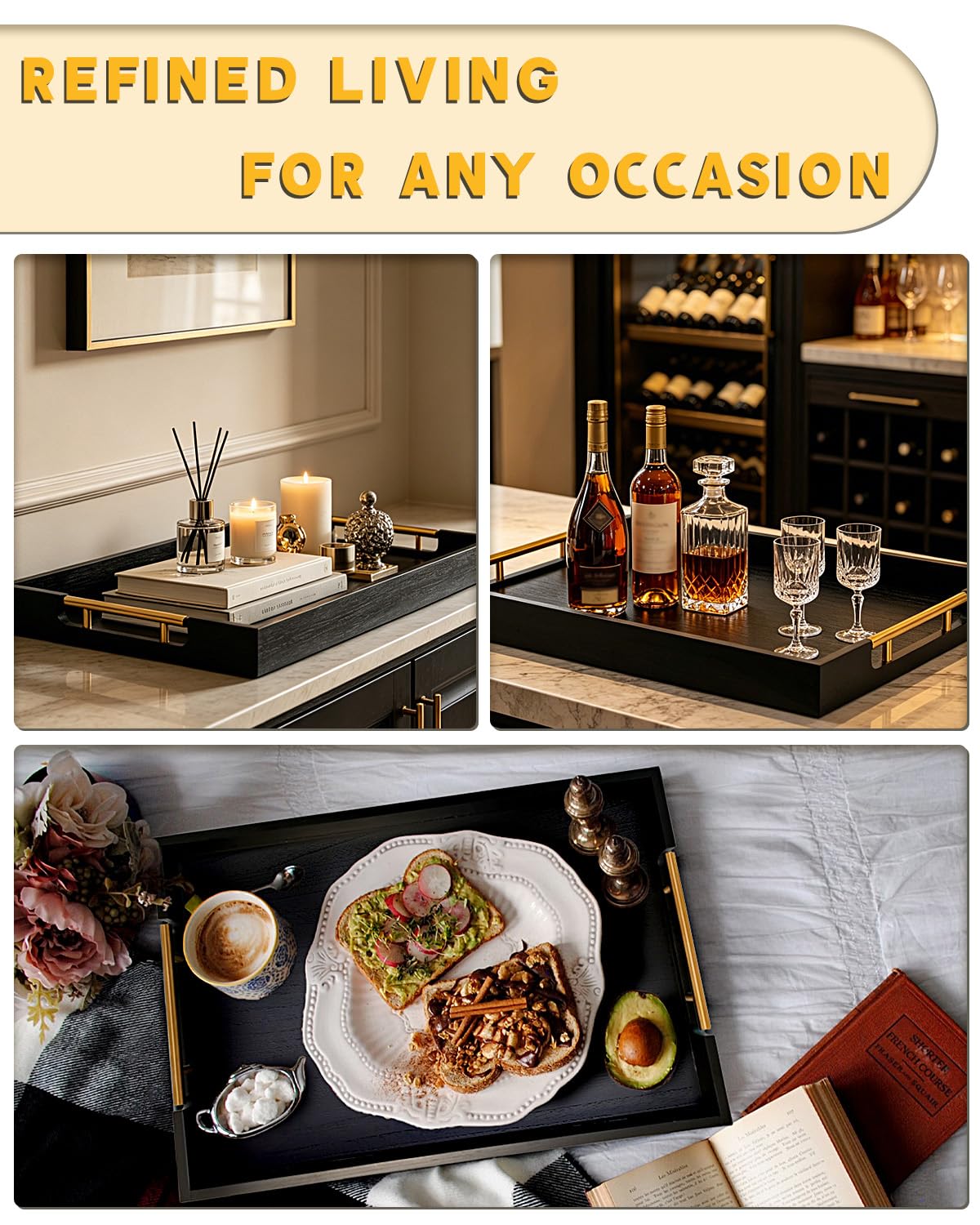OurMiao 22" x 15.75" Black Wooden Serving Tray with Gold Metal Handles, Large Rectangular Wood Ottoman Tray for Living Room, Coffee Table, Kitchen & Entertaining