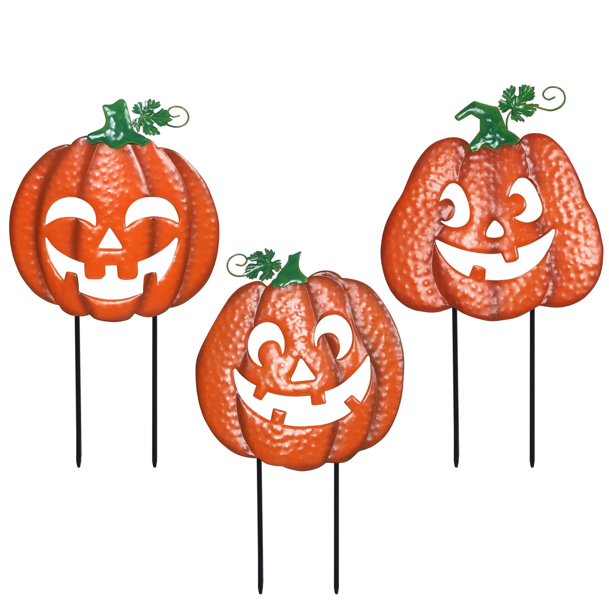Juegoal 3 Pack Halloween Lighted Pumpkin Garden Stakes, Metal Jack-o-Lantern Light Up Outdoor Decor, Halloween Yard Signs with Battery Powered & Timer, Decorative Pumpkins Figurine for Lawn Pathway