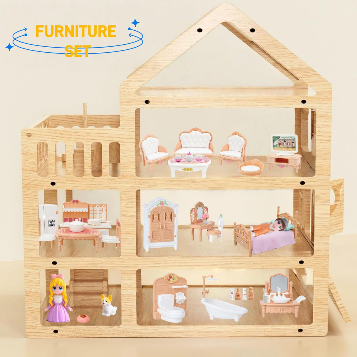 Princess Dollhouse Furniture Set, 48 Piece Luxury Miniature Accessories Collection with Living Room, Bathroom, Bedroom,Kitchen, TV Entertainment Set (Beige)