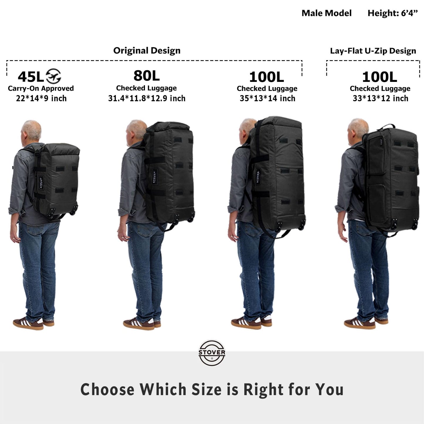 STOVER 45/80/100L U-Zip Rolling Duffel Bag with Wheels, X-Large Durable Travel Duffle + Toiletry Bag, Lay-Flat Opening, Packable w/Shoulder Straps- Use as Luggage or Backpack, Men/Women (Green)