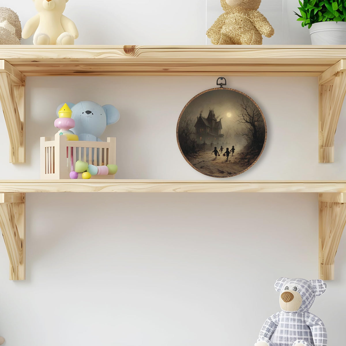 Tzhim Gothic Halloween Canvas Wall Art, Spooky Children with Pumpkin Lanterns Round Wall Art Decor, Dark Academia Autumn Aesthetic Framed Hanging Decor for Home Bedroom Living Room, 10x10in