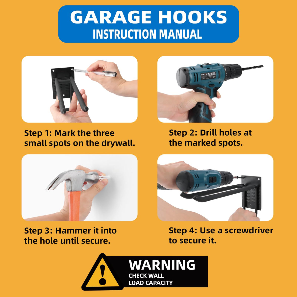 6 Pack Garage Hooks 10 INCH Heavy Duty Two-Tier Steel Shed Wall Mount Workshop Garage Storage Tool Organizer Hooks for Hanging Garden Tool, Hose, Ladder, Chairs, Bikes with Anti-Slip Coating