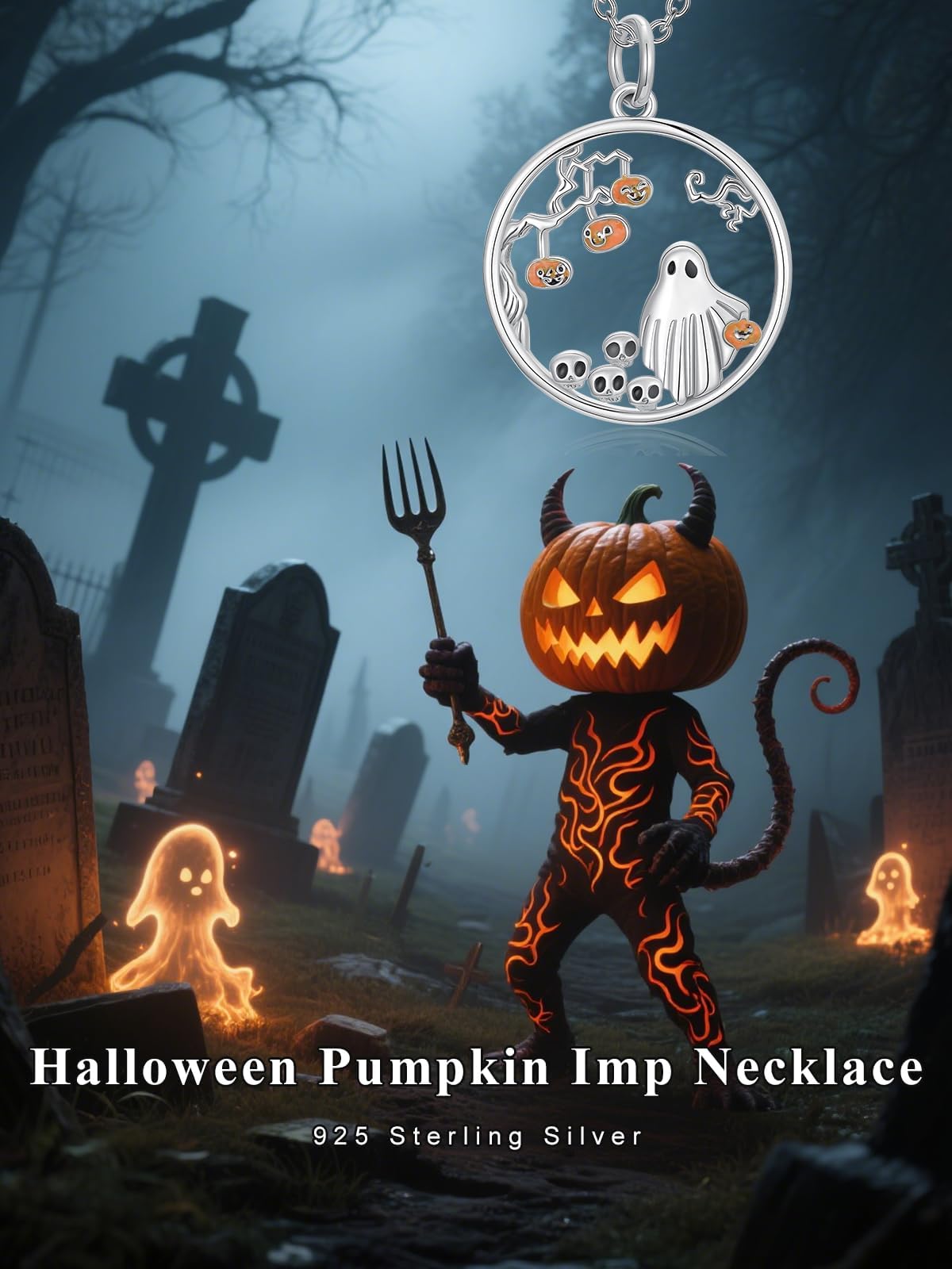 Dorunmo Ghost Pumpkin Necklace 925 Sterling Silver Ghost Pendant Necklace Halloween Ghost Jewelry Gifts for Women
