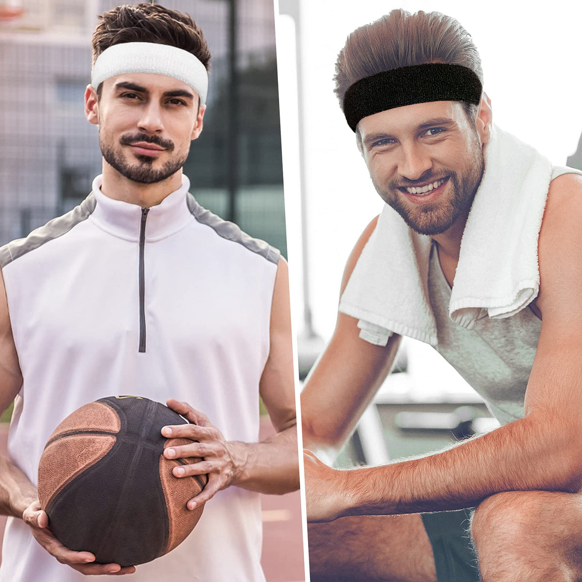 BEACE Sweatbands Sports Headband for Men & Women - 6PCS Moisture Wicking Athletic Cotton Terry Cloth Sweatband for Tennis, Basketball, Running, Gym, Working Out Bl/Wh/Gr/Ma/DP/LT